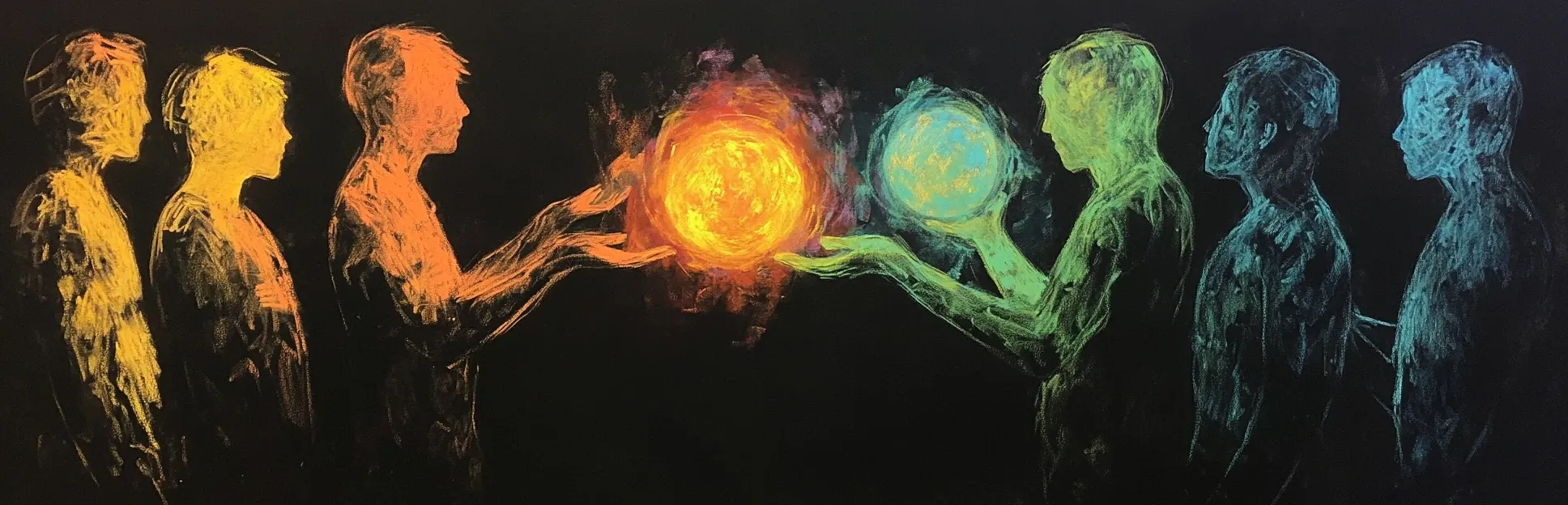 Seis figuras en neon pastel pasando un orbe luminoso de mano en mano, representando el aprendizaje colaborativo y la co-construcción de conocimiento