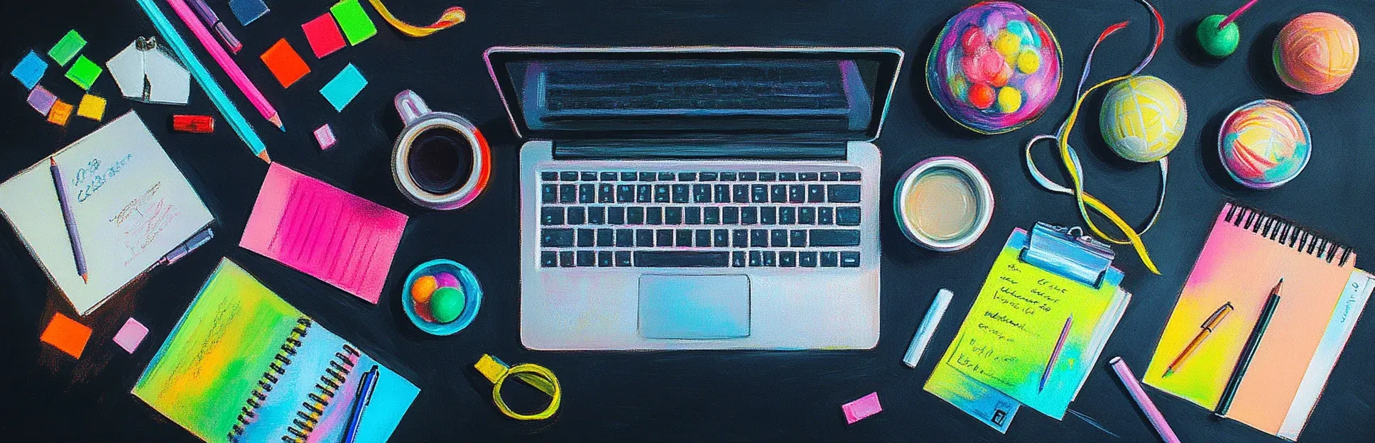 Pintura expresiva con lápices pastel de neón sobre fondo negro de una mesa vista desde arriba con objetos de aprendizaje: laptop, libretas, café, credencial de evento, fidget toys, manual de onboarding y notas adhesivas.