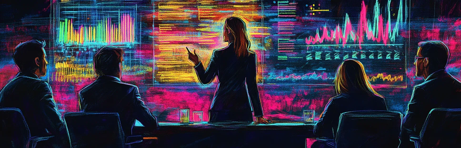 Pintura expresiva con lápices pastel de neón sobre fondo negro de una mujer presentando un dashboard con gráficos y métricas ante ejecutivos en una sala de reuniones corporativa.