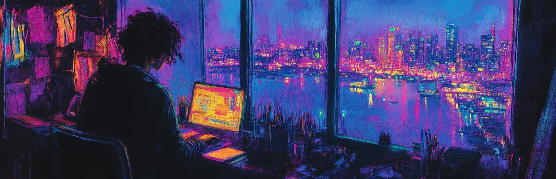 Pintura expresionista con lápices pastel neón sobre fondo oscuro de una persona trabajando en su laptop con vista a una bahía iluminada y skyline nocturno, representando la libertad y flexibilidad del trabajo freelance en diseño instruccional.