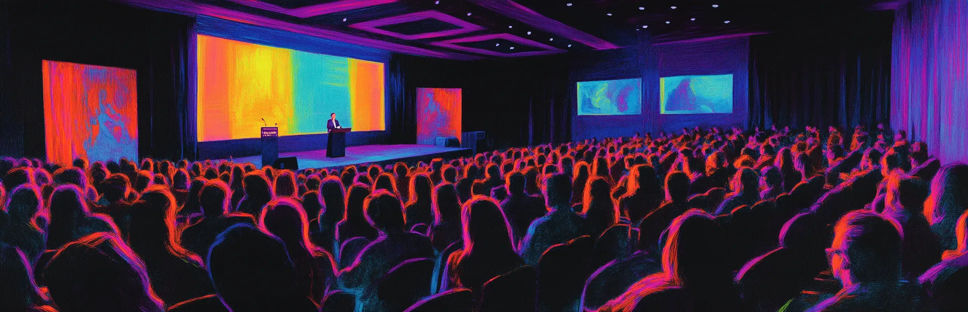 Pintura expresiva con lápices pastel Pitt de profesionales reunidos en una conferencia de diseño instruccional — auditorios, espacios de networking y pantallas de presentación — en trazos de neón sobre fondo negro
