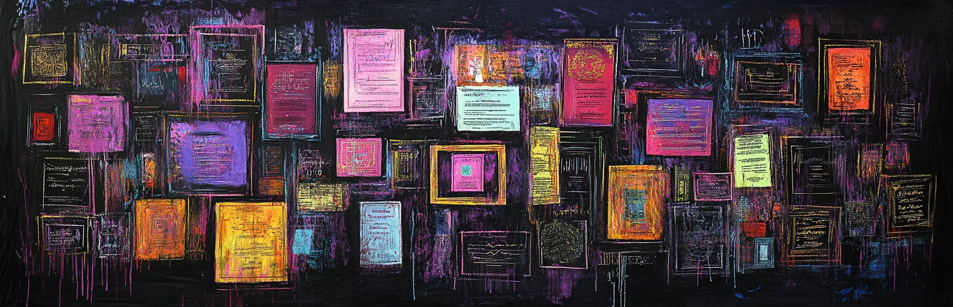 Pared cubierta de certificados y títulos profesionales enmarcados de distintos tamaños, ninguno legible.