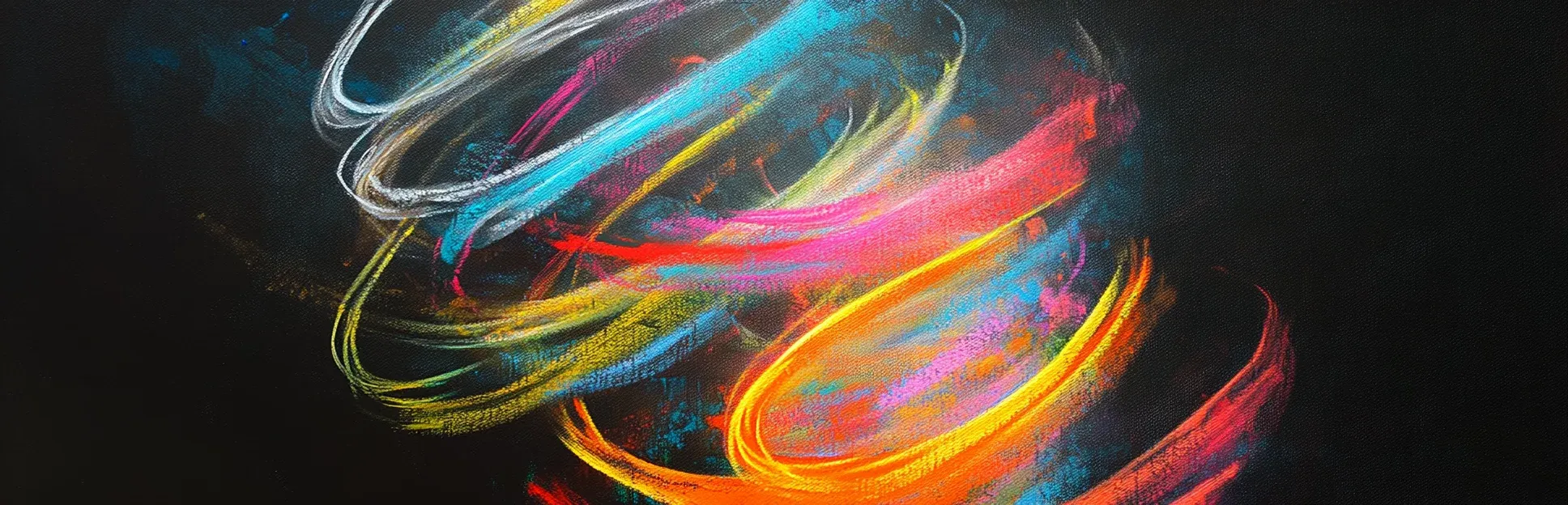 Pintura expresionista con lápices pastel neón sobre fondo negro de trazos espirales de luz de colores que se intensifican con cada vuelta, representando el refuerzo progresivo de la memoria mediante la repetición espaciada.