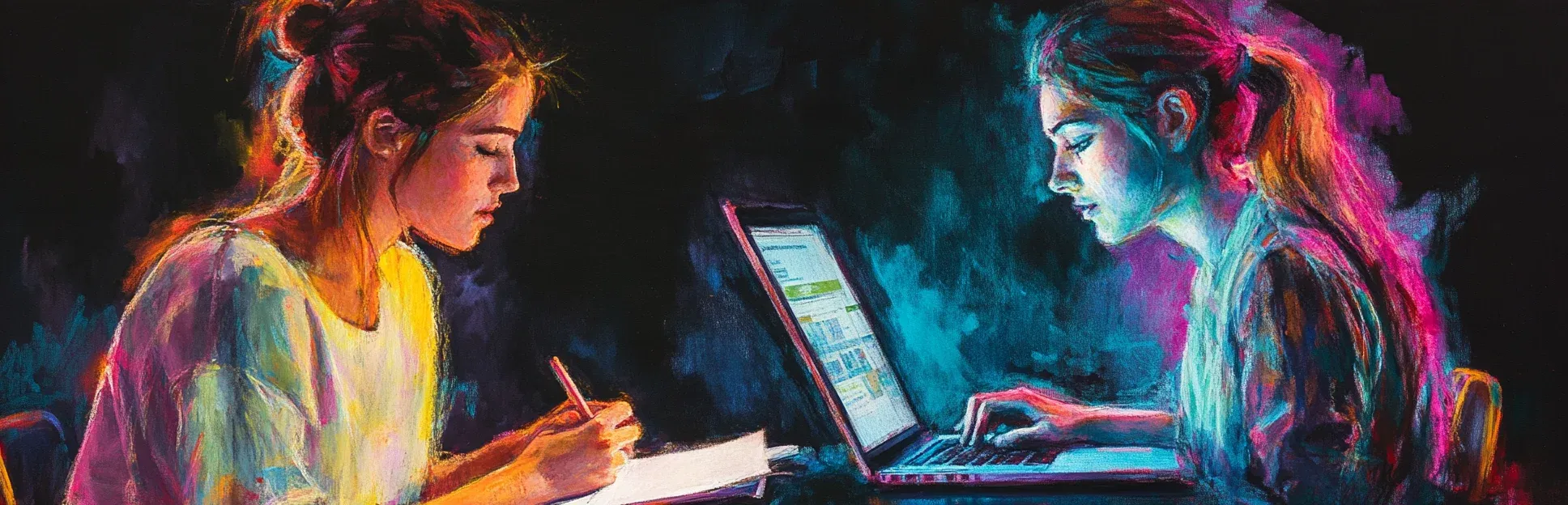 Escena dividida que se funde en el centro: a la izquierda una mujer en conversación tomando notas, a la derecha la misma mujer convirtiendo esas notas en un curso e-learning desde su laptop, ilustración con lápices pastel neón sobre fondo negro.