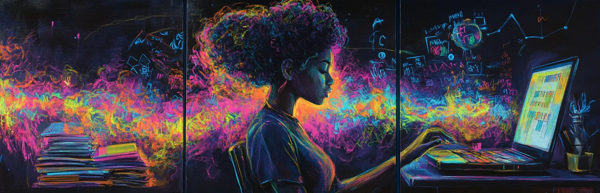 Pintura expresiva con lápices pastel de neón sobre fondo negro de una mujer en transición entre el mundo de la psicología y pedagogía hacia el diseño instruccional corporativo, rodeada de objetos de ambas disciplinas.