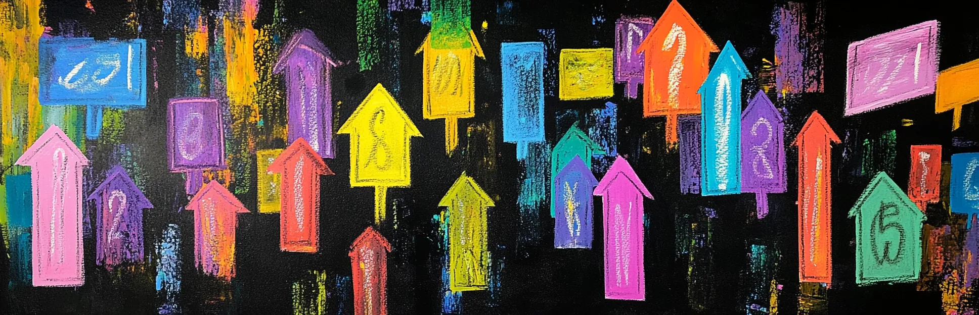 Pintura expresiva de flechas de colores con números apuntando hacia arriba sobre fondo negro — estadísticas de eLearning 2026