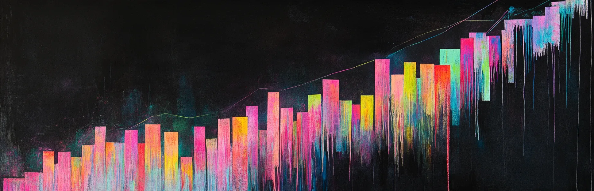 Pintura expresiva con lápices pastel Pitt de números y flechas luminosas en colores neón sobre fondo negro — estadísticas de eLearning 2027