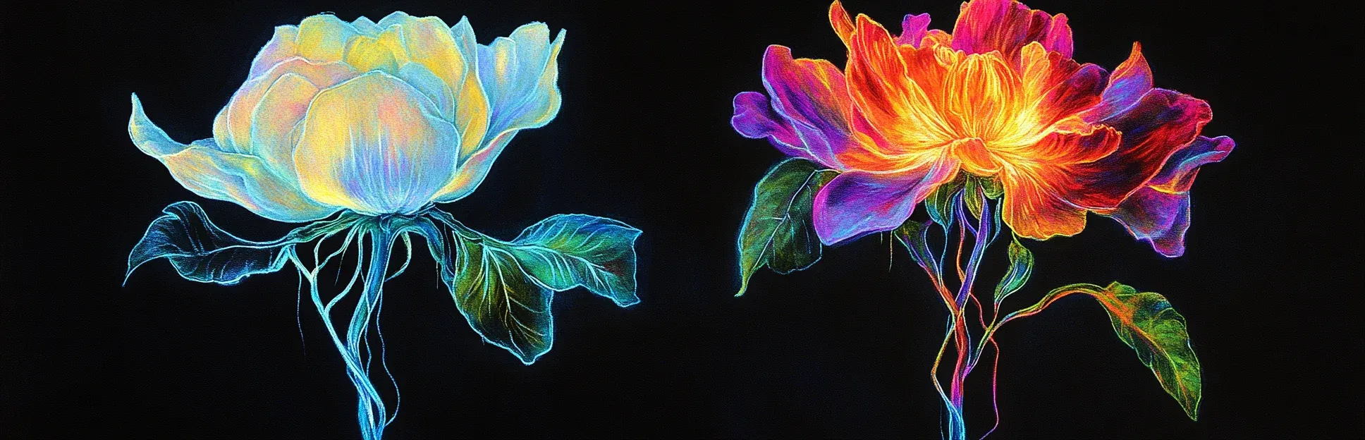 Semilla en crecimiento junto a flor florecida, ambas iluminadas en trazos de pastel neón
