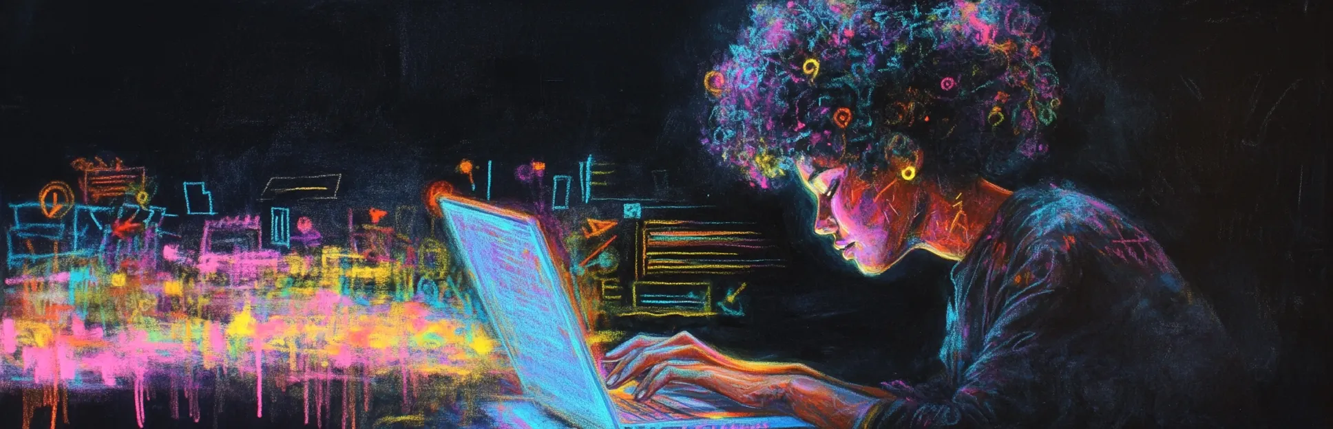 Pintura expresiva con lápices pastel Pitt de profesionales completando tareas prácticas frente a interfaces digitales con indicadores de competencia — en trazos de neón sobre fondo negro