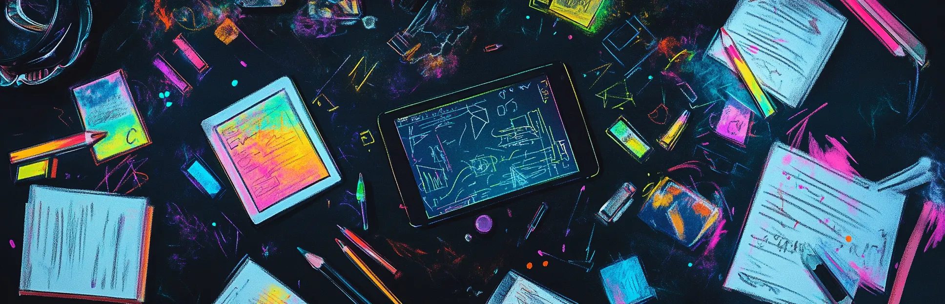 Pintura expresiva con lápices pastel Pitt de una mesa de trabajo vista desde arriba con tablet, libros, bocetos y objetos de aprendizaje iluminados en colores neón sobre fondo negro
