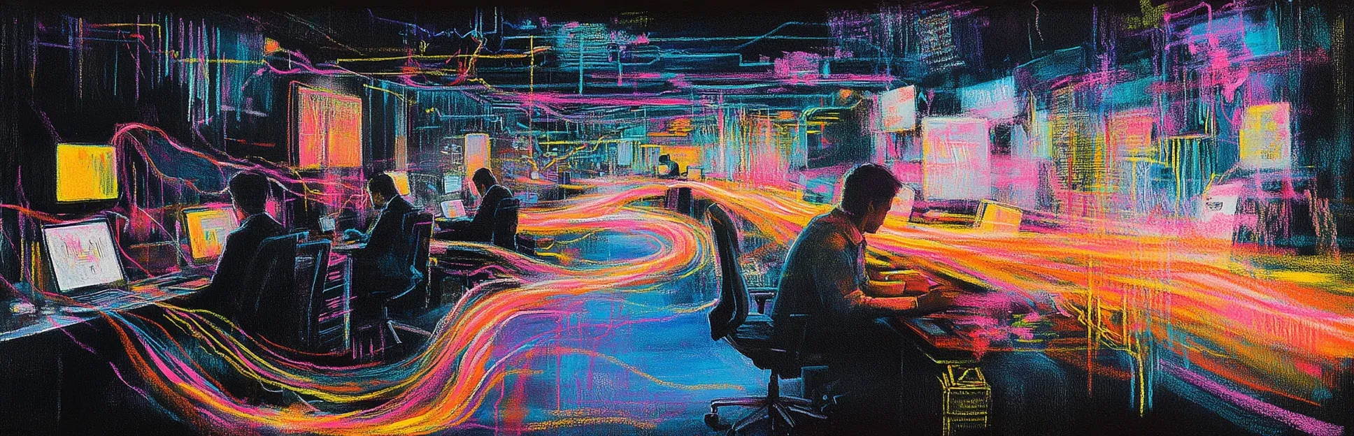 Pintura expresiva con lápices pastel de neón sobre fondo negro de corrientes de luz fluyendo entre personas que trabajan en una oficina, representando el aprendizaje integrado en el flujo del trabajo.