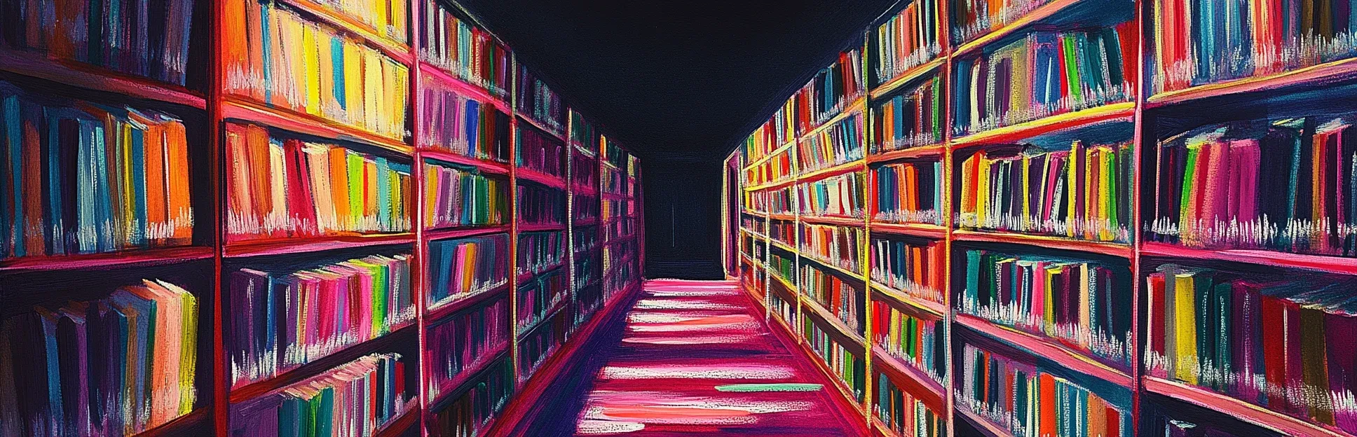 Pintura expresionista con lápices pastel neón sobre fondo negro de un corredor de biblioteca con estantes llenos de libros de colores vibrantes extendiéndose hacia la profundidad, representando la riqueza bibliográfica del diseño instruccional y LXD.