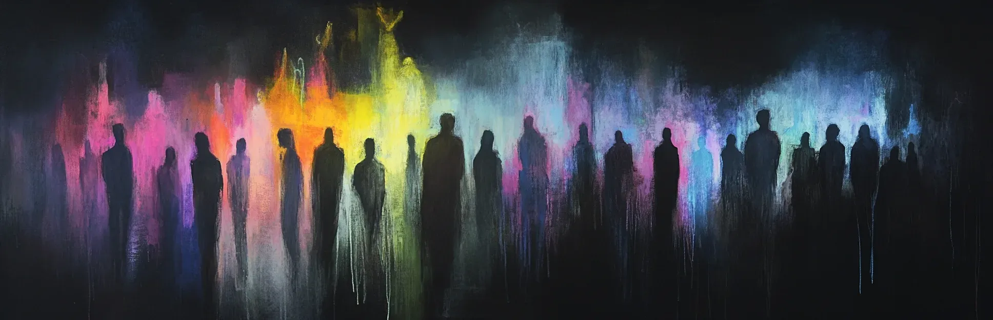 Pintura expresionista con lápices pastel neón sobre fondo negro representando dos figuras en los extremos de un espectro, los casos de éxito y fracaso que el método de Brinkerhoff identifica y compara.