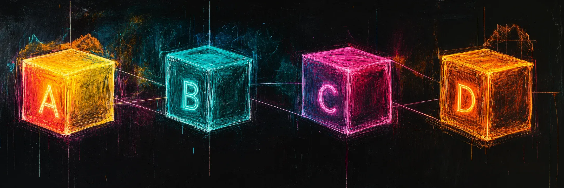 Pintura expresiva con lápices pastel de neón sobre fondo negro representando cuatro cubos luminosos etiquetados A, B, C y D en colores ámbar, cyan, magenta y naranja, conectados por líneas de luz, evocando los cuatro componentes del Modelo ABCD de Mager.
