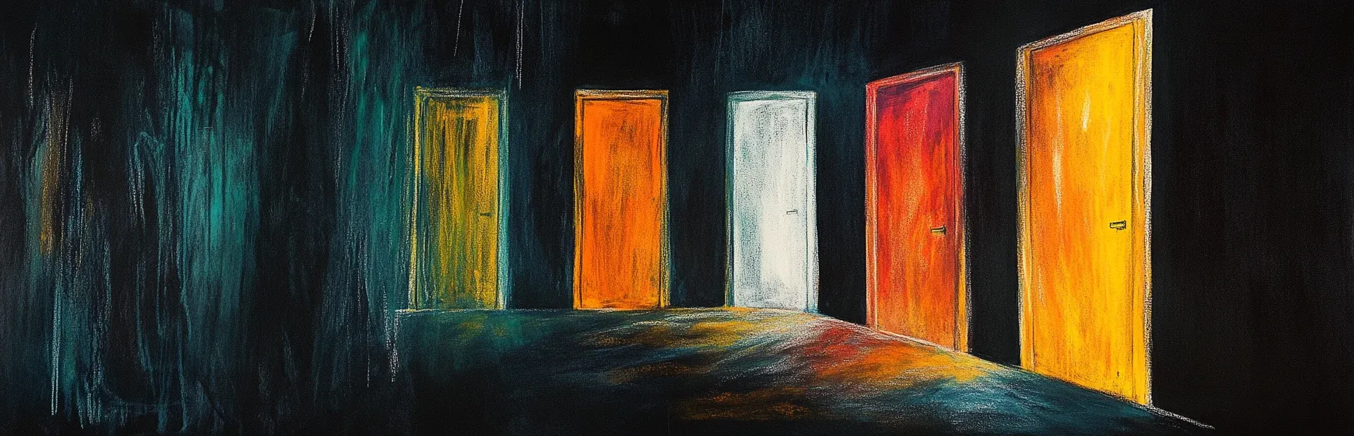 Pintura expresionista con lápices pastel neón sobre fondo negro de cinco puertas de colores distintos iluminadas desde dentro, representando las cinco fases del modelo ADDIE en diseño instruccional.