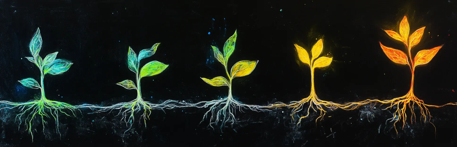 Pintura expresionista con lápices pastel neón sobre fondo negro de una semilla que crece hasta convertirse en un árbol luminoso, representando el retorno de inversión en formación del modelo Phillips ROI.