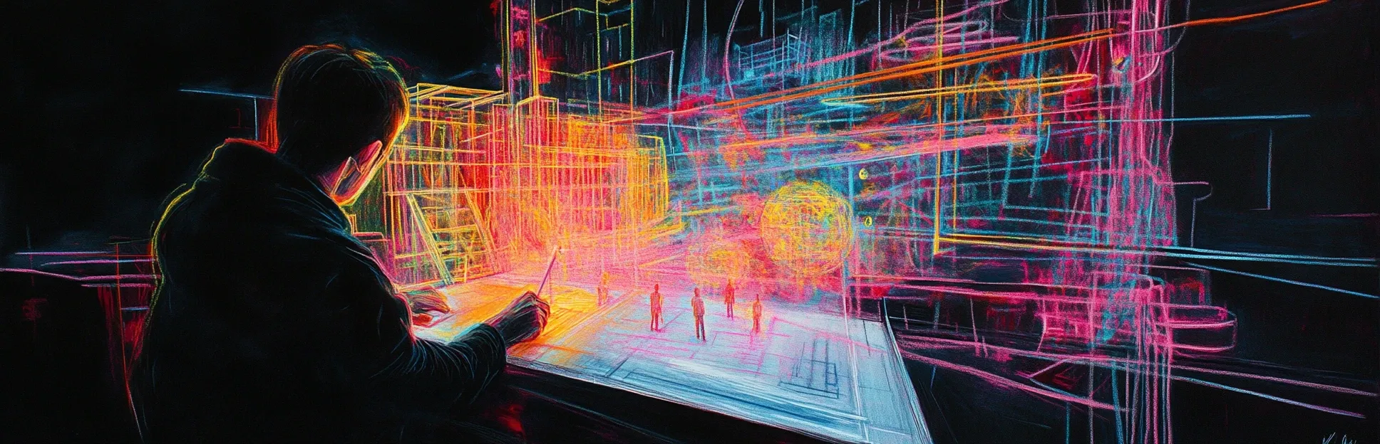 Pintura expresiva con lápices pastel de neón sobre fondo negro, representando caminos de luz convergentes que simbolizan el diseño instruccional como proceso de construcción de experiencias de aprendizaje.
