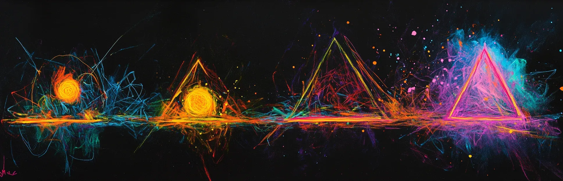 Pintura expresiva con lápices pastel de neón sobre fondo negro mostrando una progresión de izquierda a derecha: un punto luminoso aislado, puntos sueltos, triángulos conectados en neon multicolor, y el último disolviéndose en luz abierta, representando los niveles de comprensión de la Taxonomía SOLO.