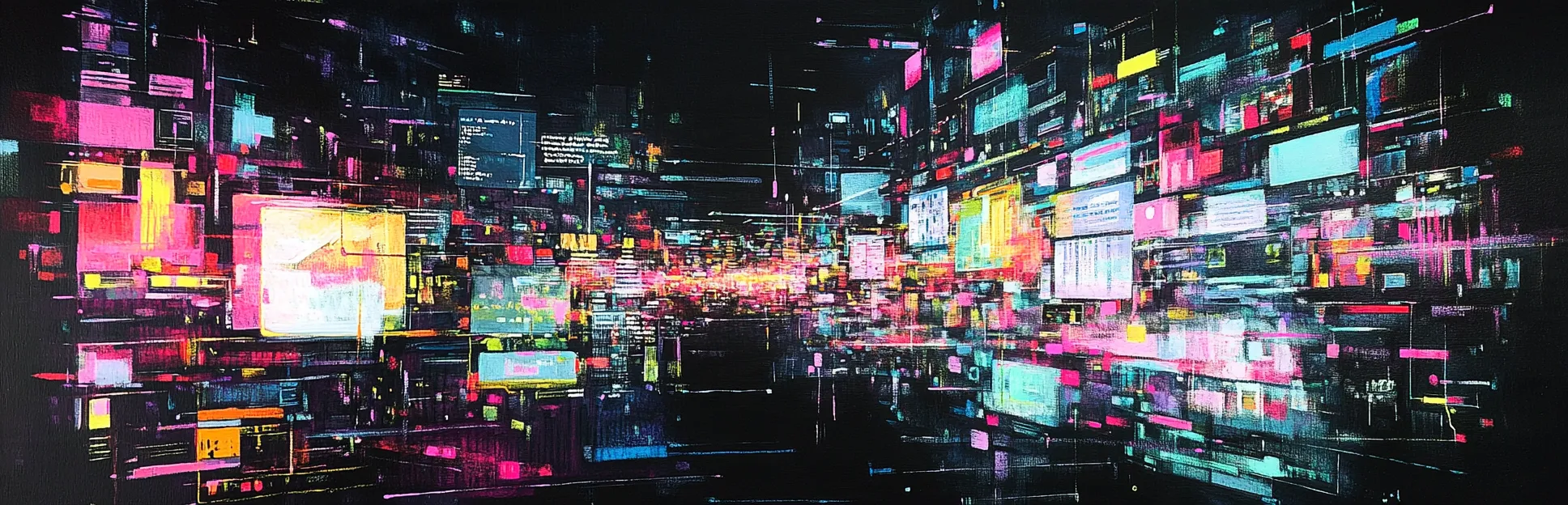 Pintura expresiva con lápices pastel Pitt de pantallas tecnológicas apiladas en profundidad — dashboards, interfaces de IA, editores de escenarios — disolviéndose entre sí en luz de neón sobre fondo negro