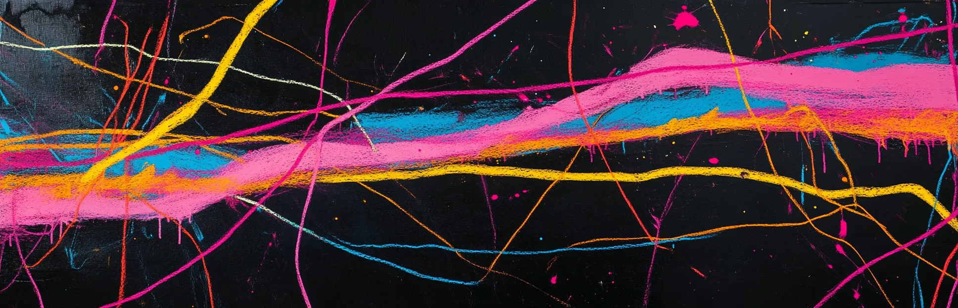 Pintura expresiva con lápices pastel Pitt de una línea central de la que se ramifican múltiples líneas de colores neón sobre fondo negro, representando tendencias divergentes en diseño instruccional