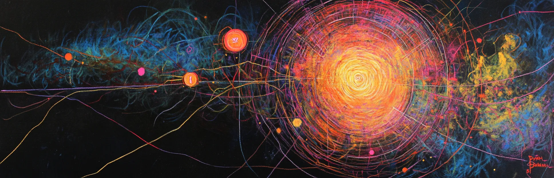 Pintura expresionista con lápices pastel neón sobre fondo negro representando la teoría de la elaboración de Reigeluth: un mapa de curso que se expande desde un núcleo simple hacia anillos de complejidad creciente.
