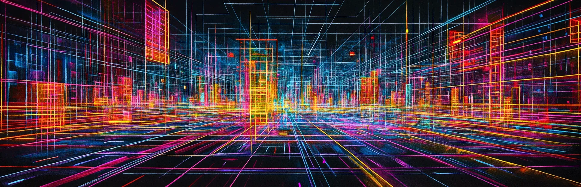 Pintura expresionista con lápices pastel neón sobre fondo negro representando la matriz de tipos de contenido y niveles de desempeño de la Teoría de la Presentación de Componentes de Merrill.